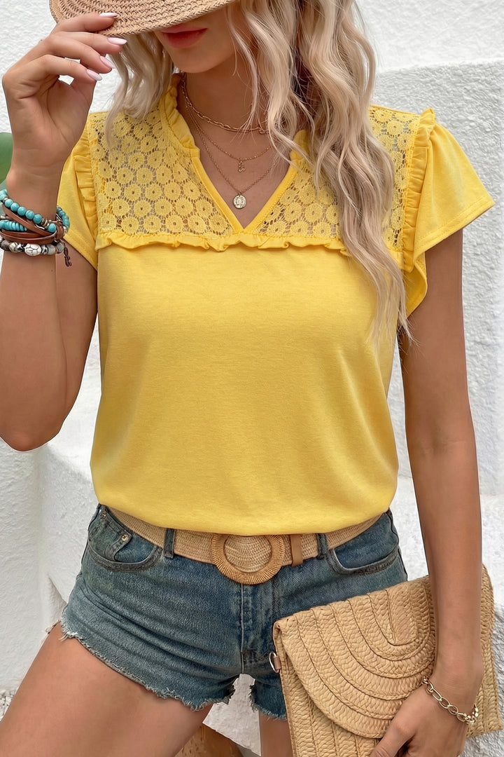 Yellow Sheer Lace Splicing Split Neck Ruffle Short Sleeve Blouse
