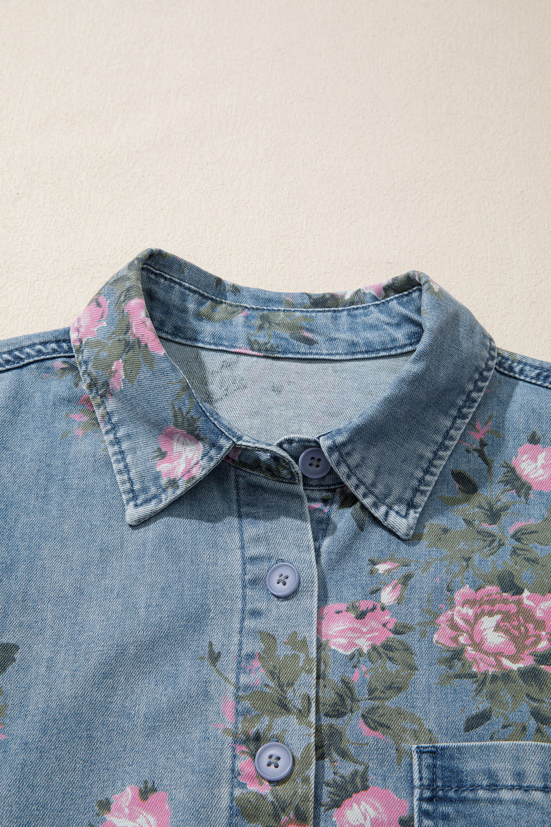 Blue Bracelet Sleeve Floral Denim Shirt