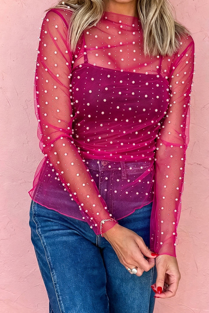 Rose Red Pearl Beaded Mesh Long Sleeve Raw Hem Top
