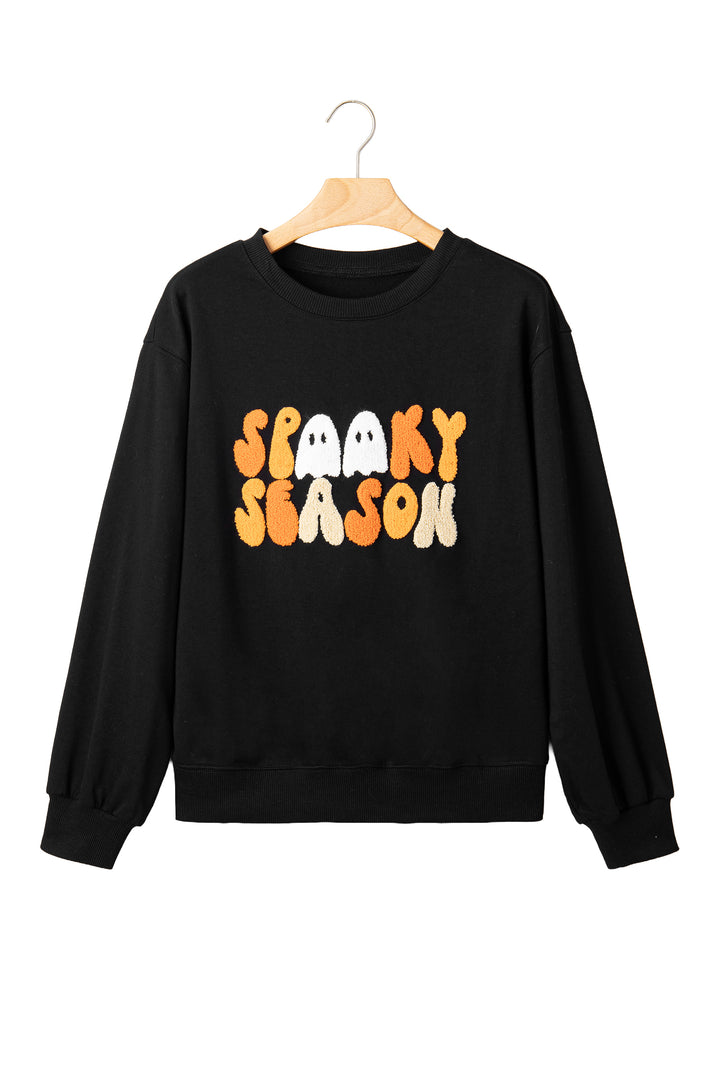 Color black Embroidered Spooky Season Graphic Long Sleeve Round Neck Pullover Sweatshirt