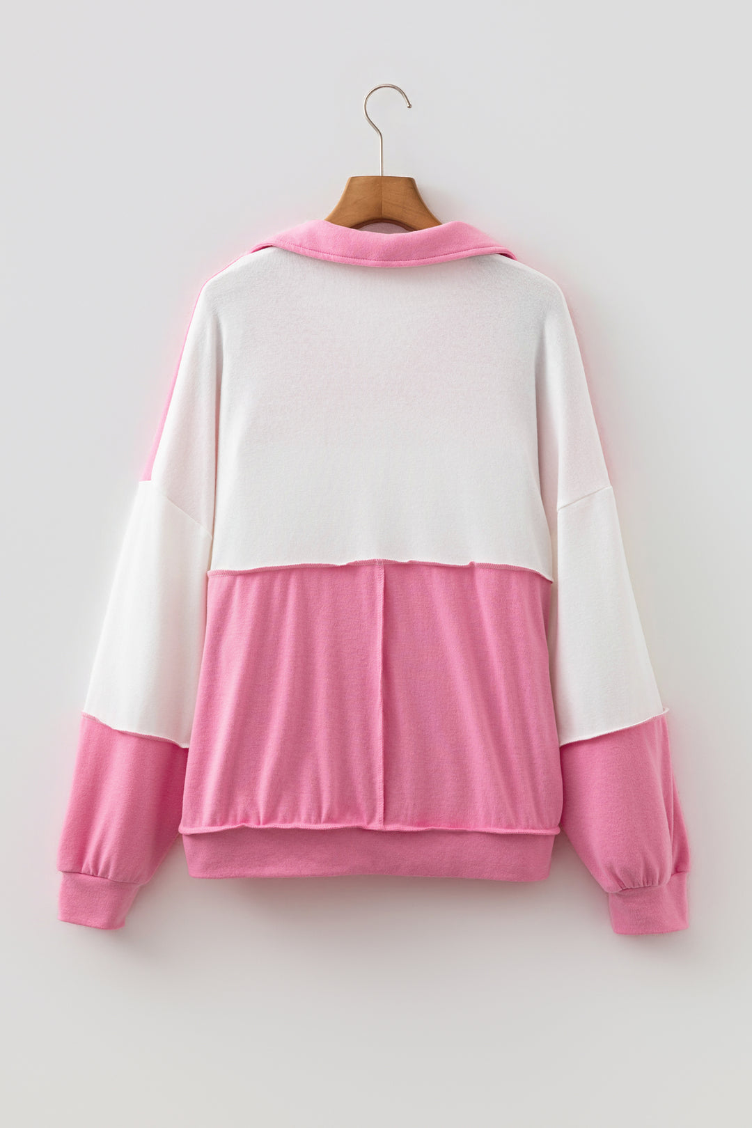 Rose Red Color Block Ricrac Trim Patchwork Collar V Neck Long Sleeve Top