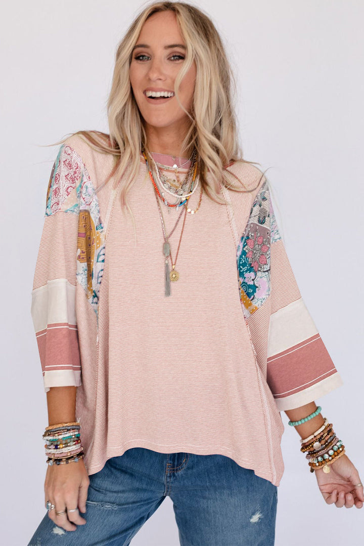 Pinstriped Color Block Patchwork Oversized Top