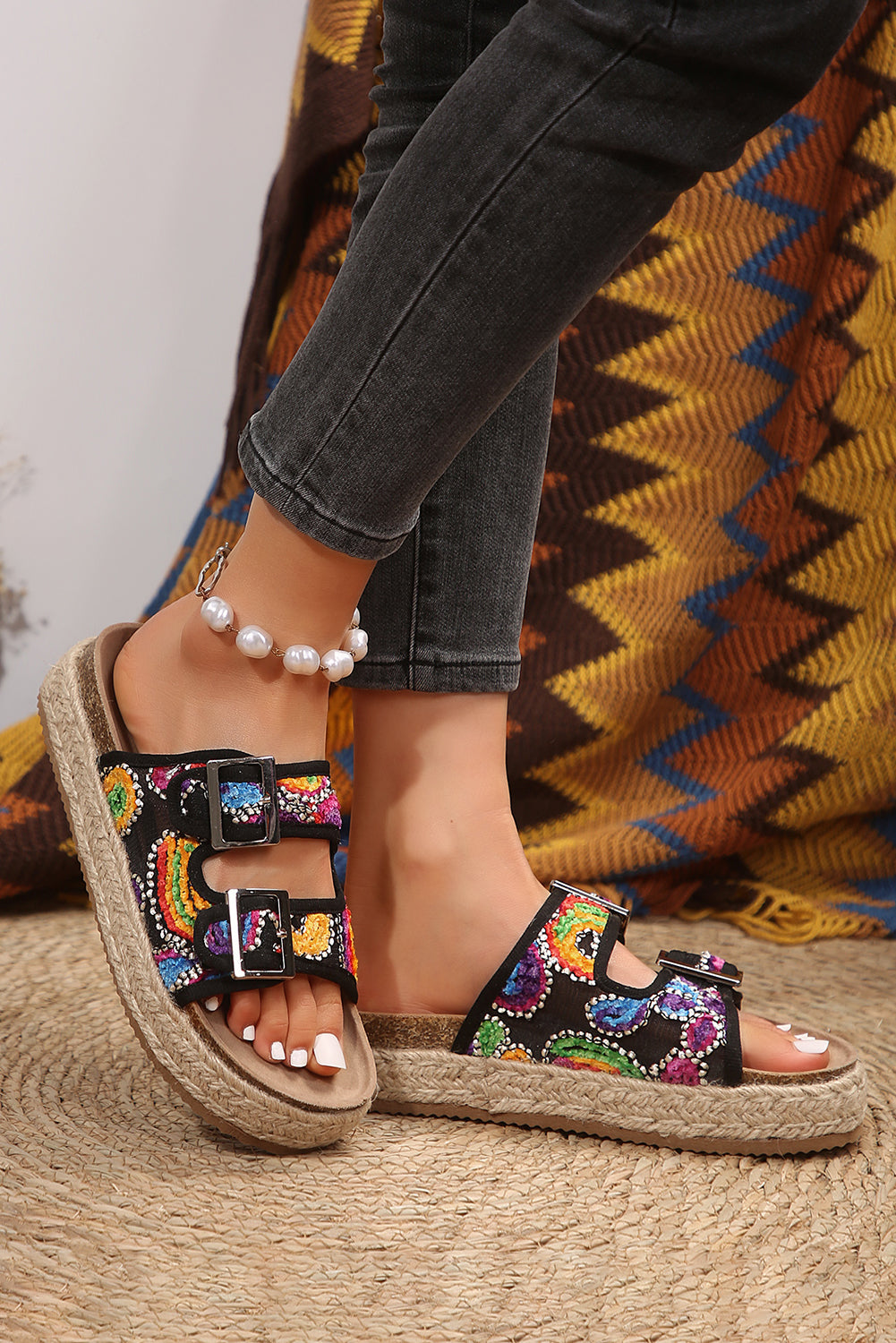 Paisley Print Double-Buckle Wedge Slippers