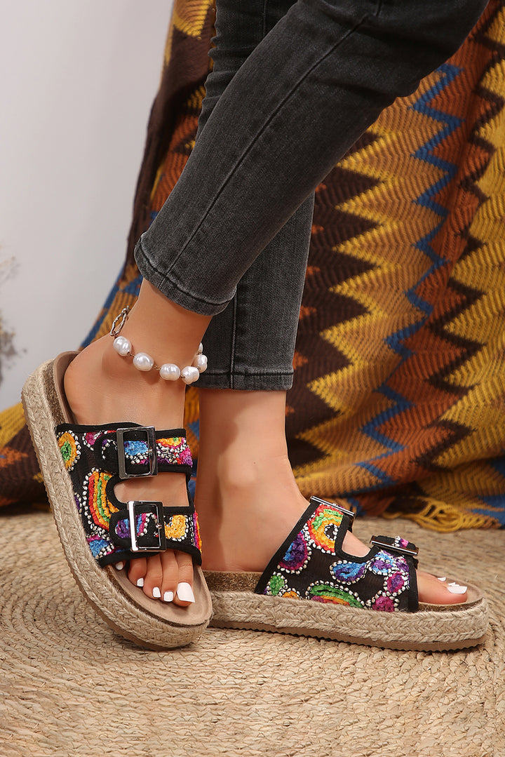 Paisley Print Double-Buckle Wedge Slippers