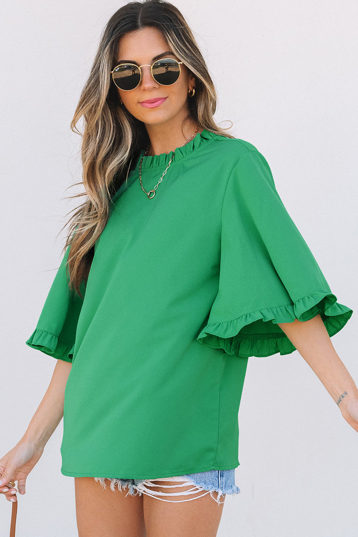 Frilly Round Neck Wide Half Sleeve Blouse