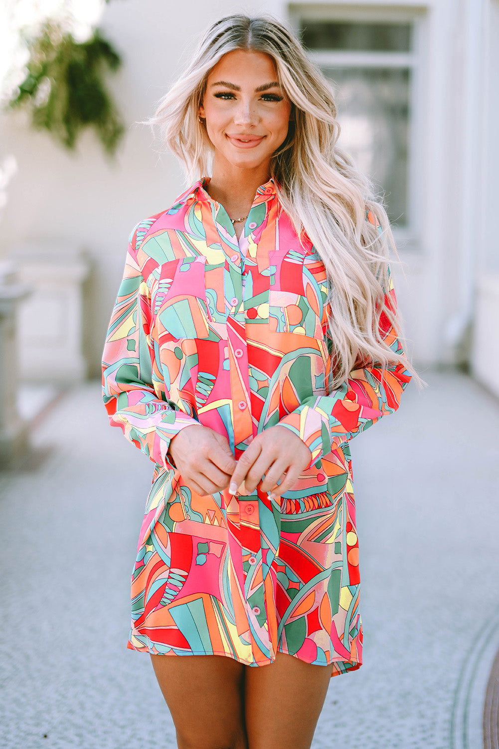 Chic Geometric Abstract Print Long Sleeve Shirt Dress – ModeShe