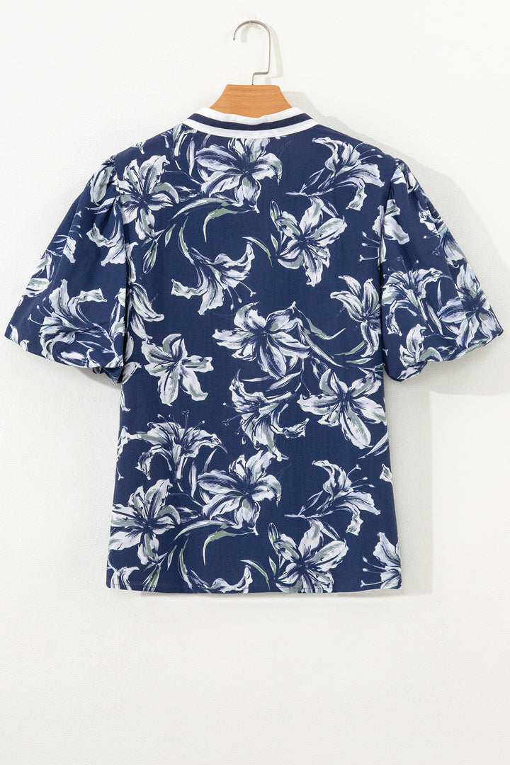 Floral Print Short Puff Sleeve Striped Trim V Neck Blouse