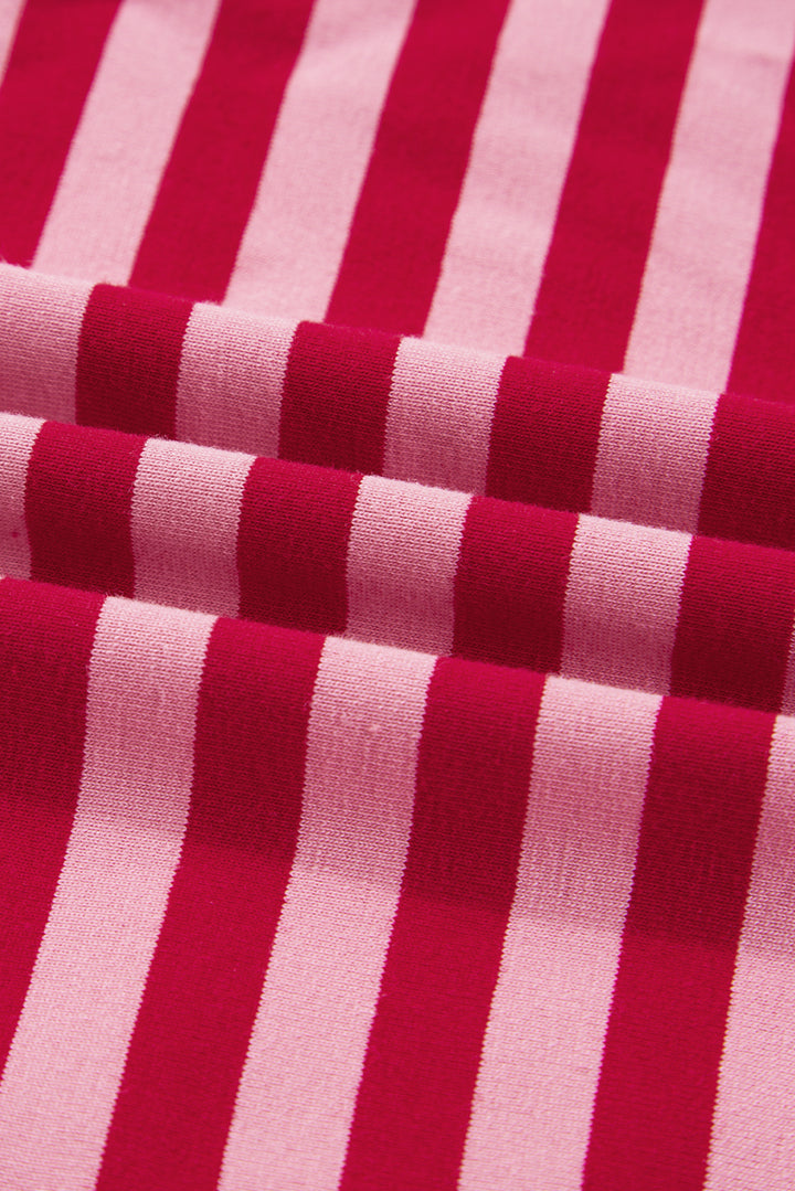 Strawberry Pink Mix Striped Drop Shoulder Patchwork Sleeve V Neck Pullover