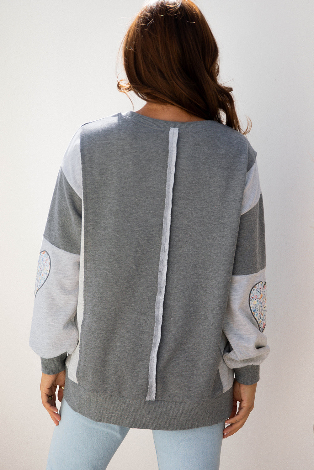 LOVE Graphic Exposed Seam Patchwork Uneven Hem Chic Sweatshirt