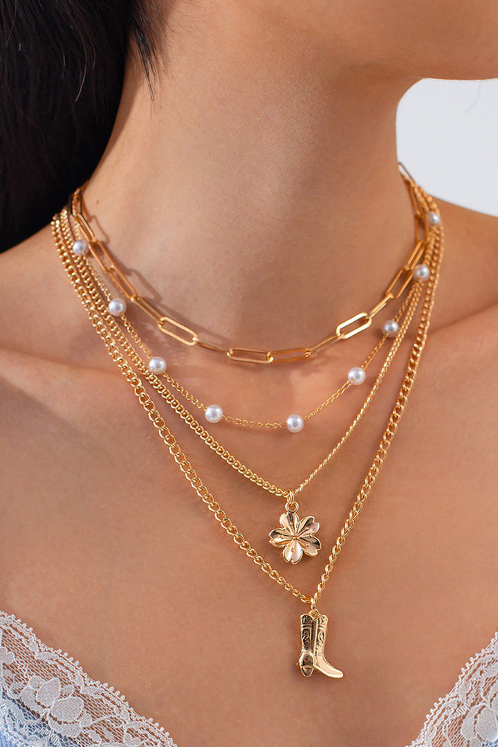 Plated Flower Boot Pendent Pearl Chaining Necklace