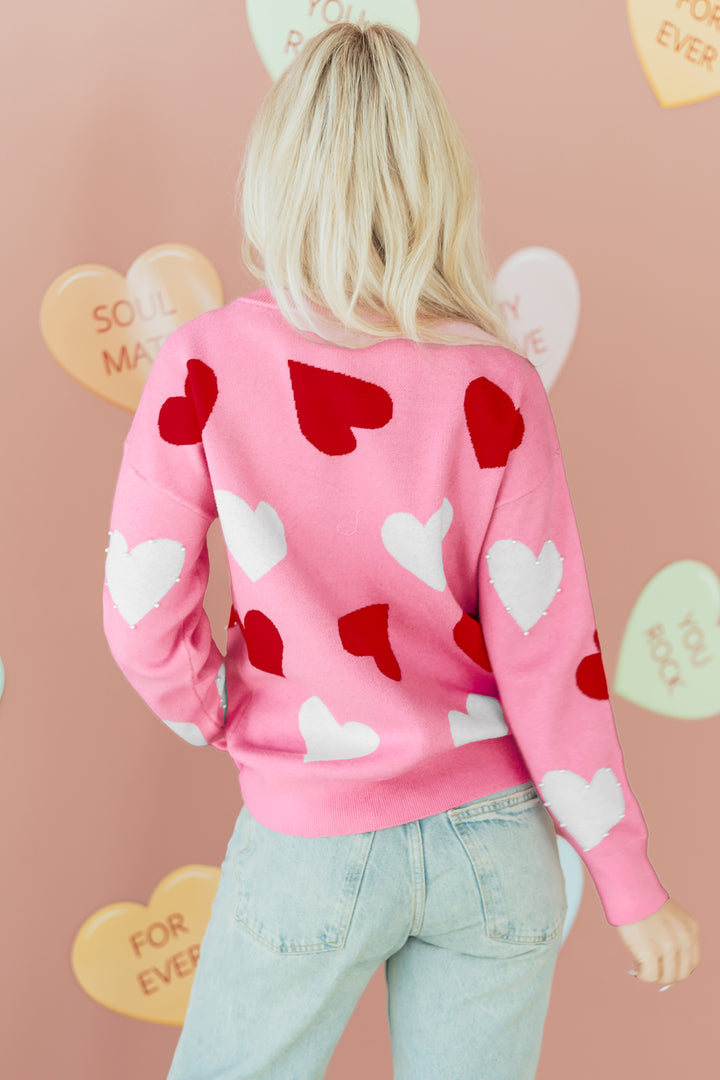 Pearl Embellished Heart Pattern Valentines Day Sweater