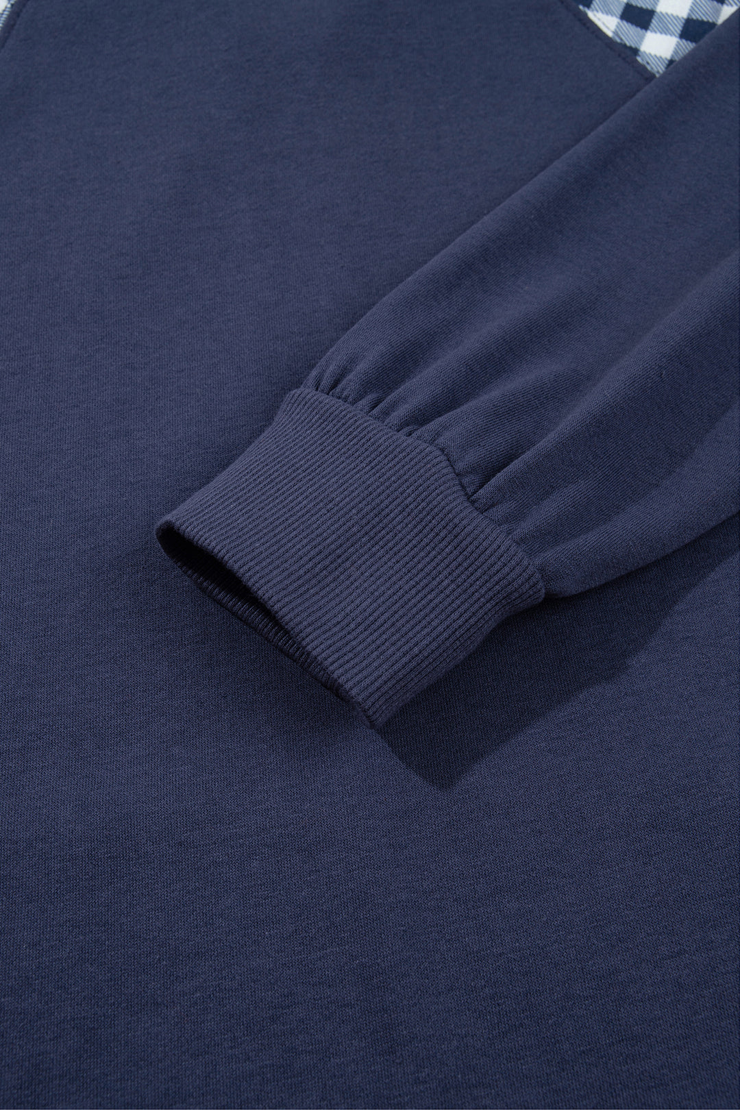 Navy Blue Patchwork Plaid Pocket Quarter Zip Sweatshirt