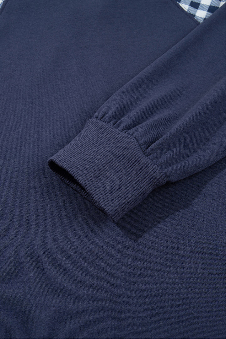 Navy Blue Patchwork Plaid Pocket Quarter Zip Sweatshirt