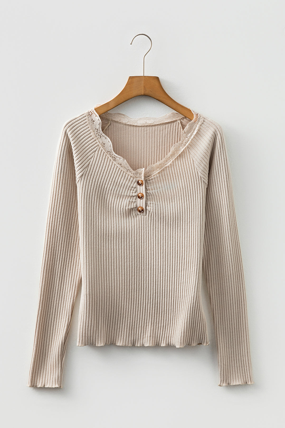 Beige Lace Neckline Button Decor Lettuce Edge Long Sleeve Ribbed Top