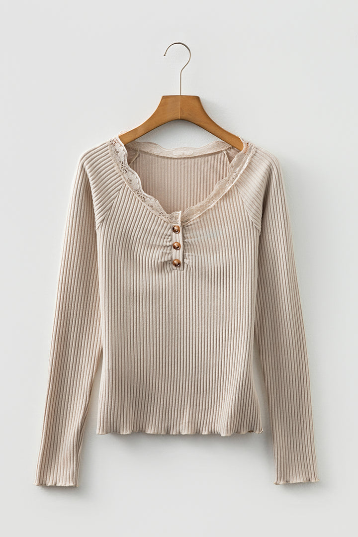 Beige Lace Neckline Button Decor Lettuce Edge Long Sleeve Ribbed Top