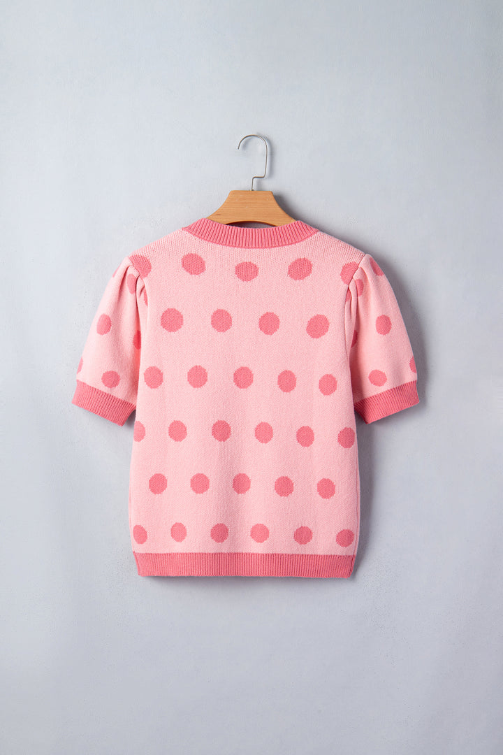Rose Red Polka Dot Puff Short Sleeve Sweater Top