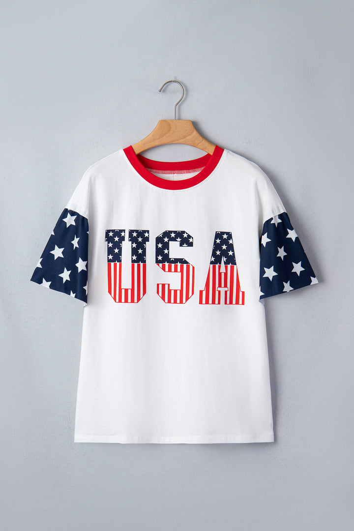 Jet Stream Flag Print USA Graphic Patchwork Casual Tee