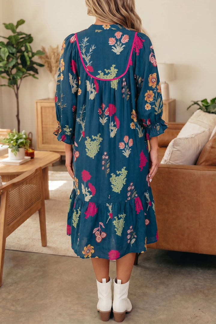 Chic Blue Floral Print Gathered Neckline 7/8 Sleeve Casual Midi Dress