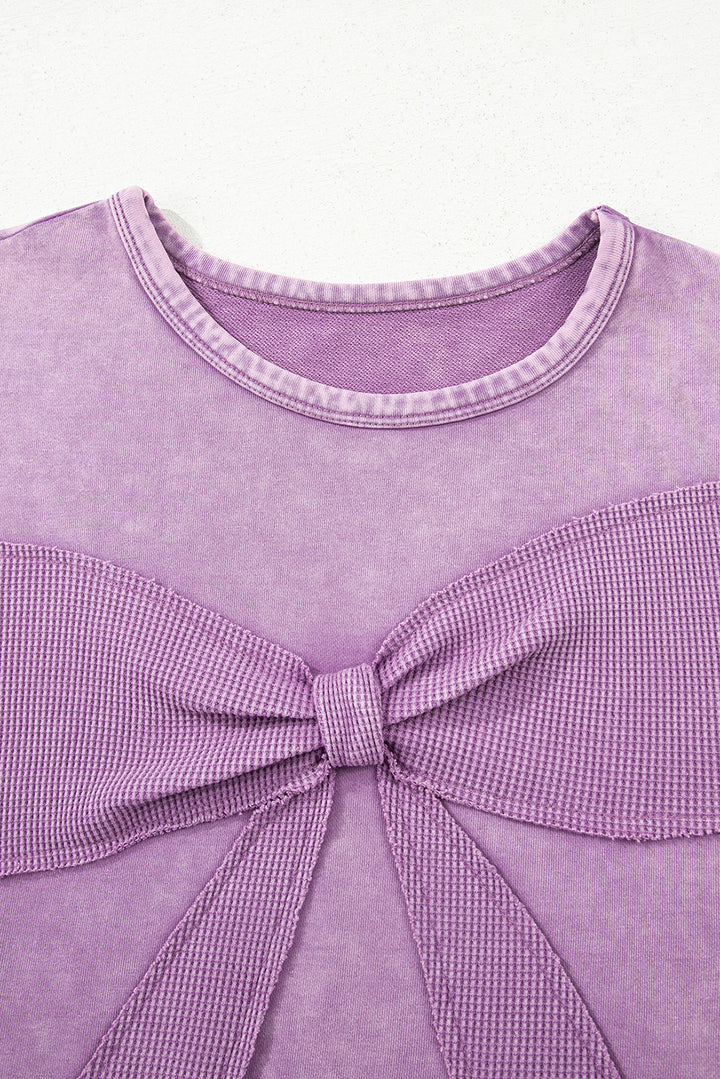 Mineral Wash Big Bow Patchwork Pullover Sweatshirt