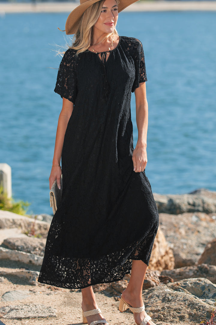 Floral Lace Overlay Tassel Tie Short Sleeve Beach Vacation Loose Maxi Dress