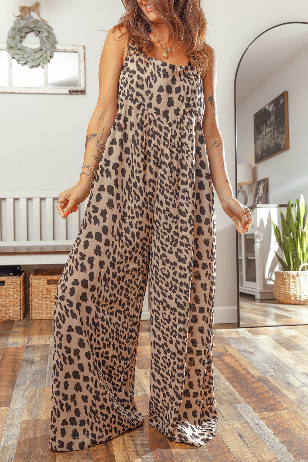 Khaki Leopard Print Square Neck Pleated Wide Leg Jumpsuit