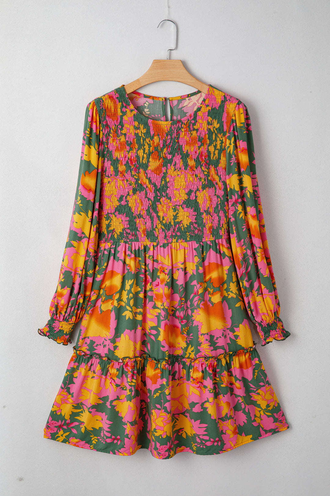 Floral Print Long Sleeve Smocked Ruffled Mini Dress