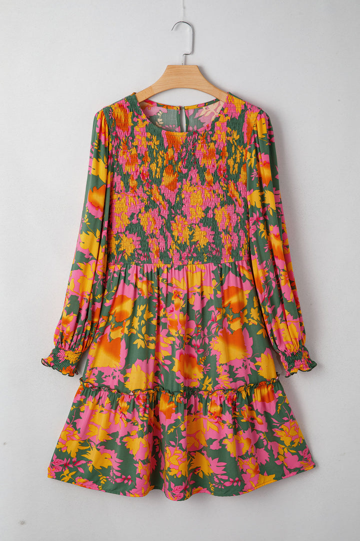 Floral Print Long Sleeve Smocked Ruffled Mini Dress