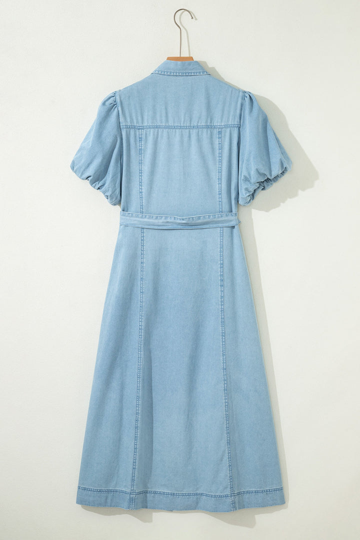 Beau Blue Full Buttons Collared Short Bubble Sleeve Long Denim Dress