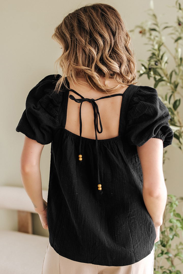 Flower Crochet Square Neck Textured Short Sleeve Blouse