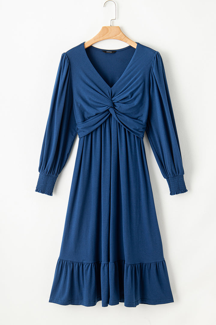Sail Blue Solid Color Front Twist Puff Sleeve Ruffled Dress