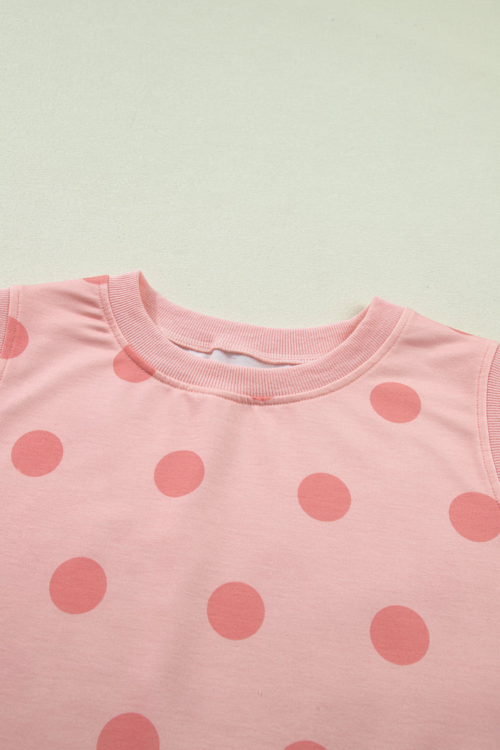 Pink Ribbed Trim Polka Dot Print Tank Split Mini Skort 2pcs Set
