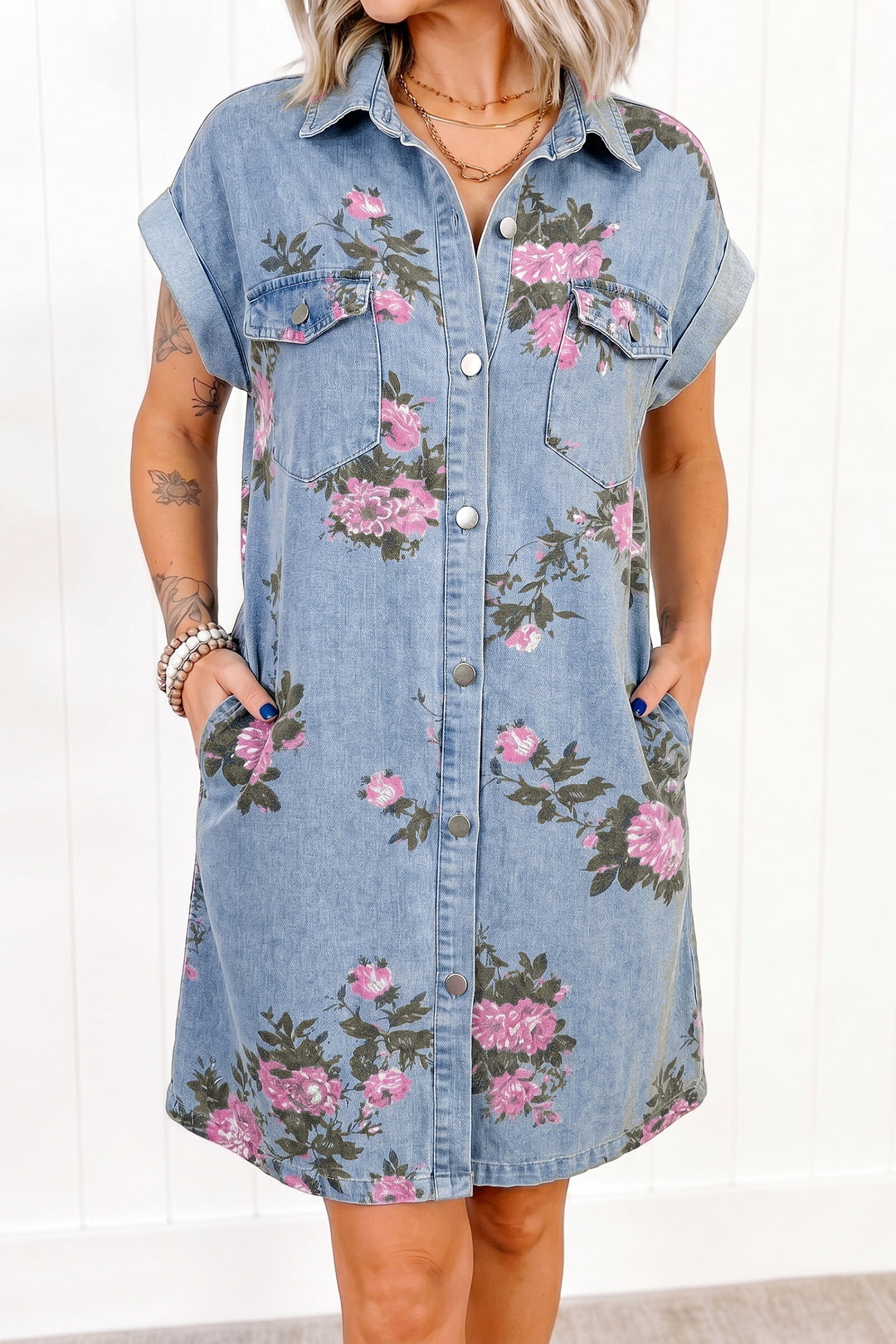 Sky Blue Denim Floral Print Cuffed Short Sleeve Shift Dress
