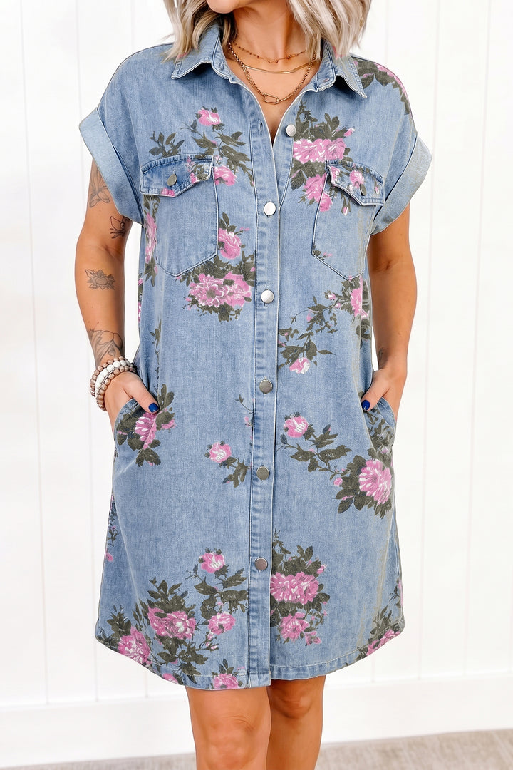 Sky Blue Denim Floral Print Cuffed Short Sleeve Shift Dress