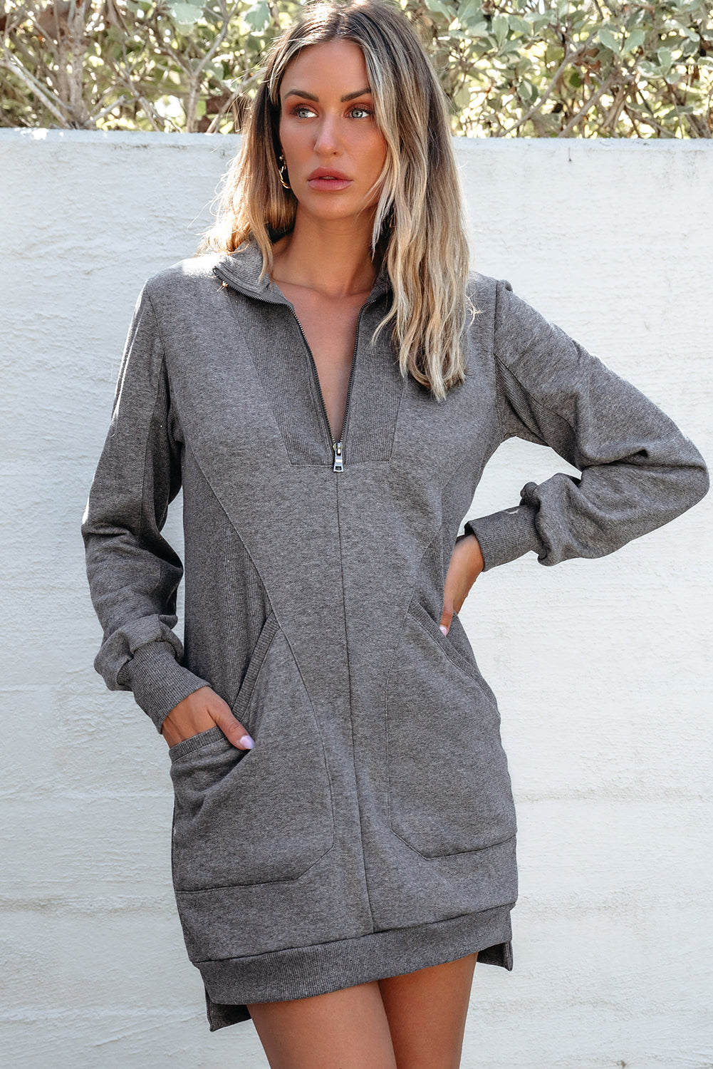 Zip up Collared Ribbed Patchwork Sweatshirt Dress with Pockets