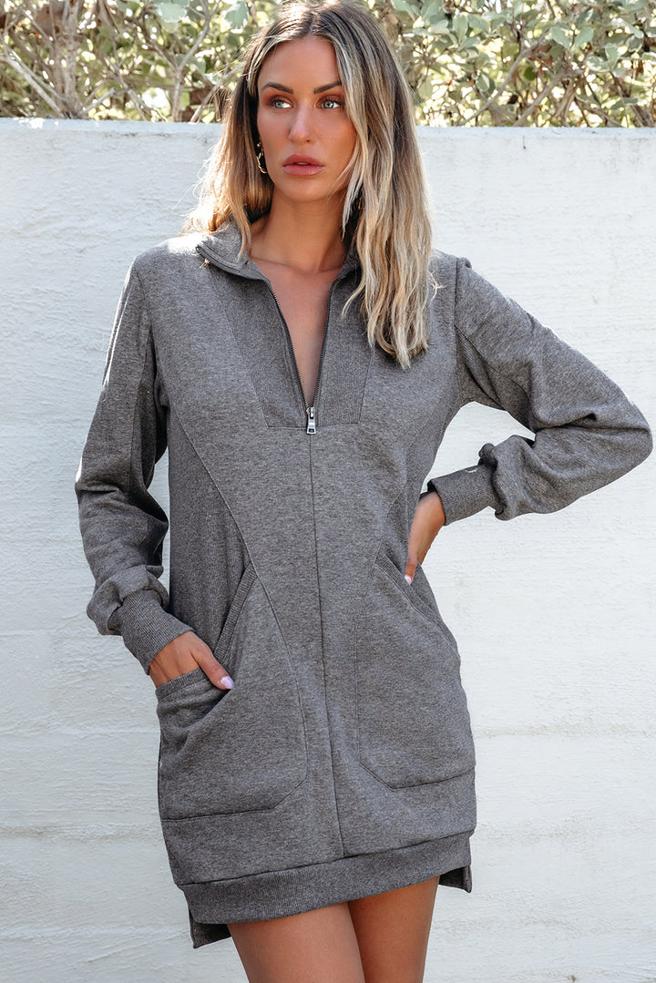 Zip up Collared Ribbed Patchwork Sweatshirt Dress with Pockets