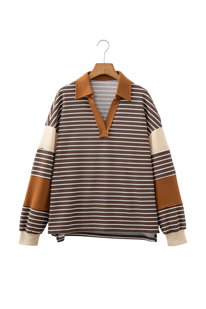 Brown Stripe Collar V Neck Color Block Detail Long Sleeve Pullover Top