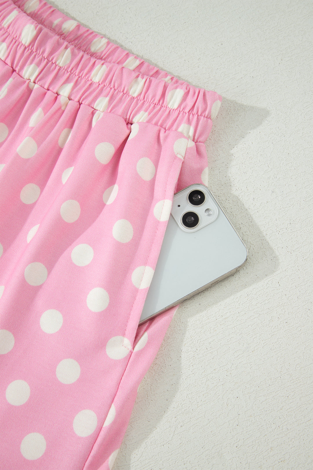 Pink Polka Dot Print Color Block Trim Mock Neck Short Set