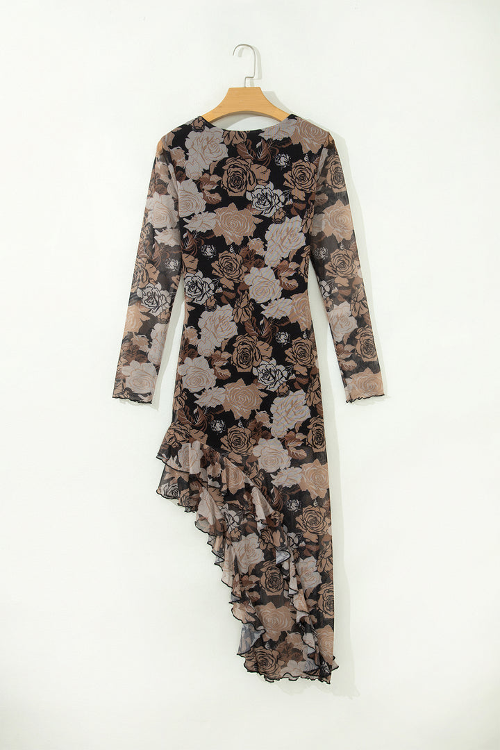 Chic Black Floral Long Sleeve Asymmetric Ruffle Split Hem Mesh Dress