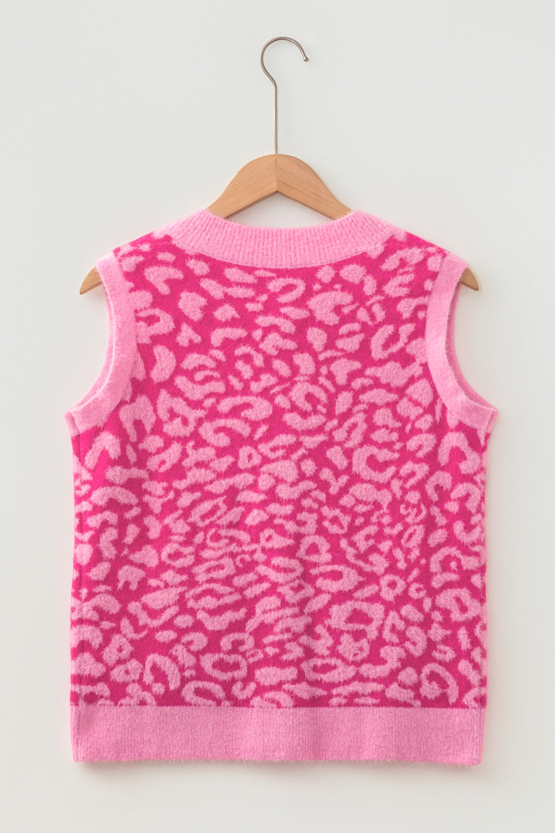 New Pink Leopard Print Knit Sleeveless Regular Wash Sweater Vest