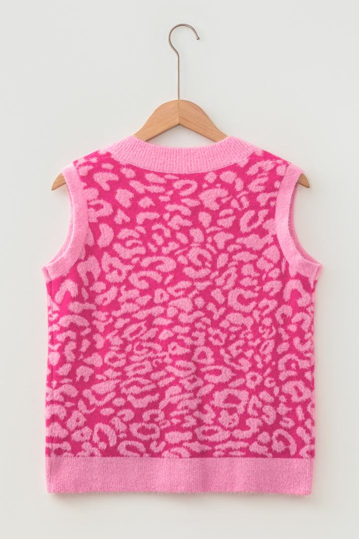 New Pink Leopard Print Knit Sleeveless Regular Wash Sweater Vest