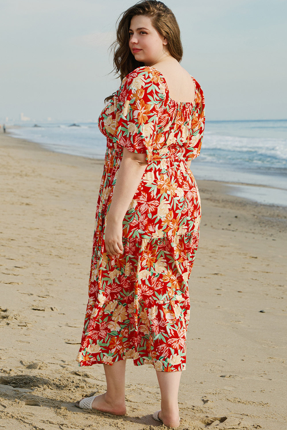 Floral V Neck Flutter Sleeve Cinched Waist Long Plus Size Dress