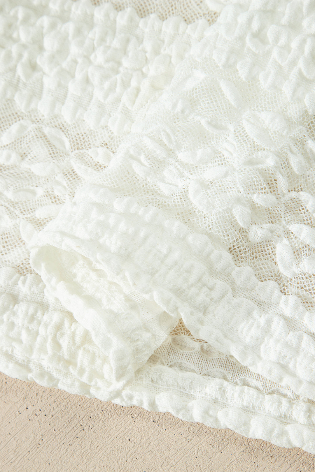 White Sheer Lace Textured Patchwork Short Sleeve Top