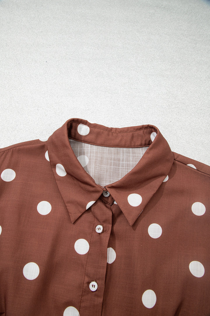 Brown Polka Dot Abdomen Pocket Gathered Cuffs Long Sleeve Shift Plus Size Dress