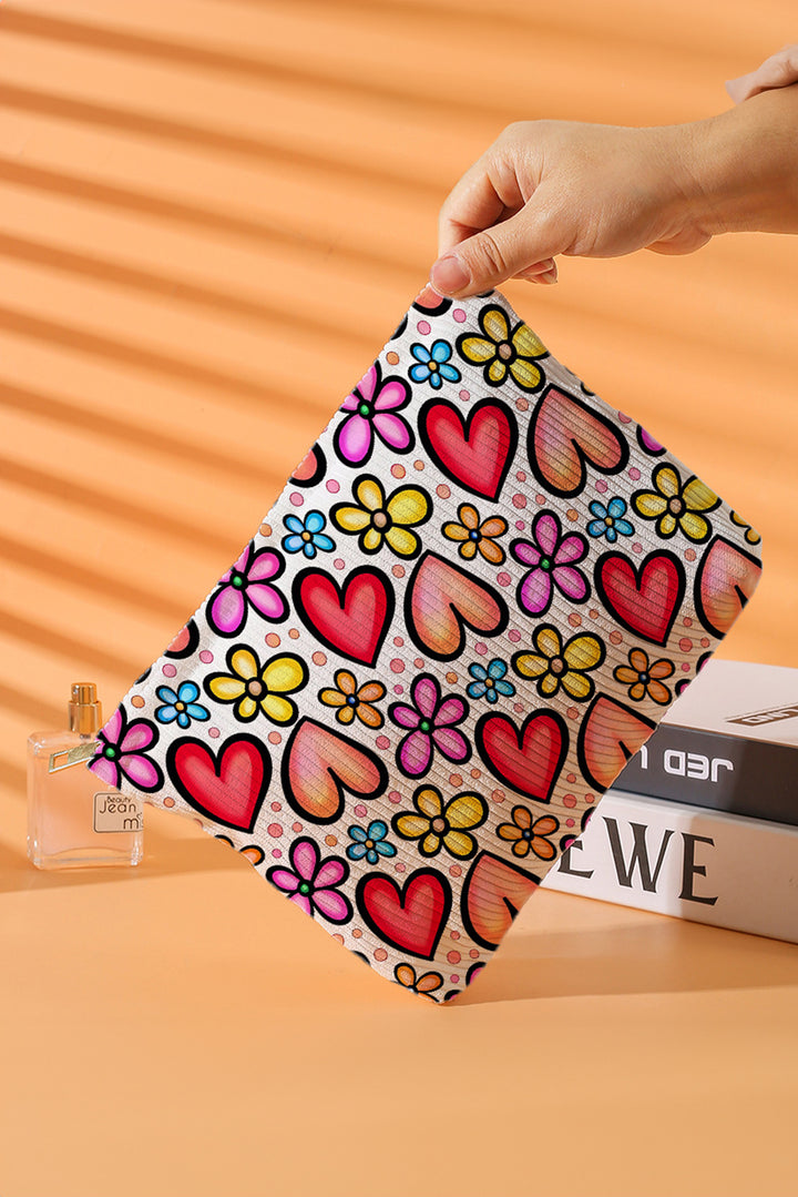 Heart Flower Print Corduroy Large Makeup Bag
