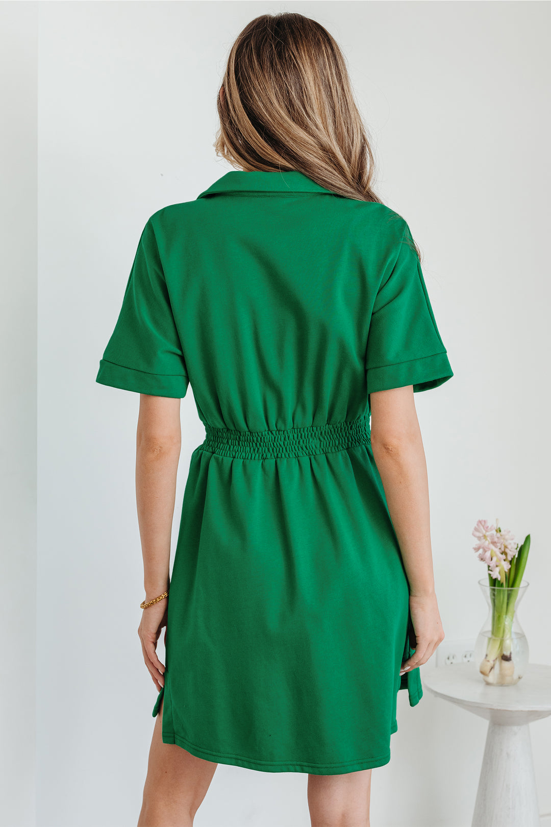 Contrast Patchwork Half Zip Elastic Waist Short Sleeve Mini Dress