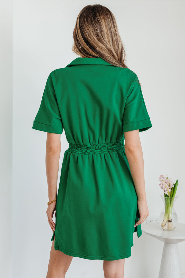 Contrast Patchwork Half Zip Elastic Waist Short Sleeve Mini Dress