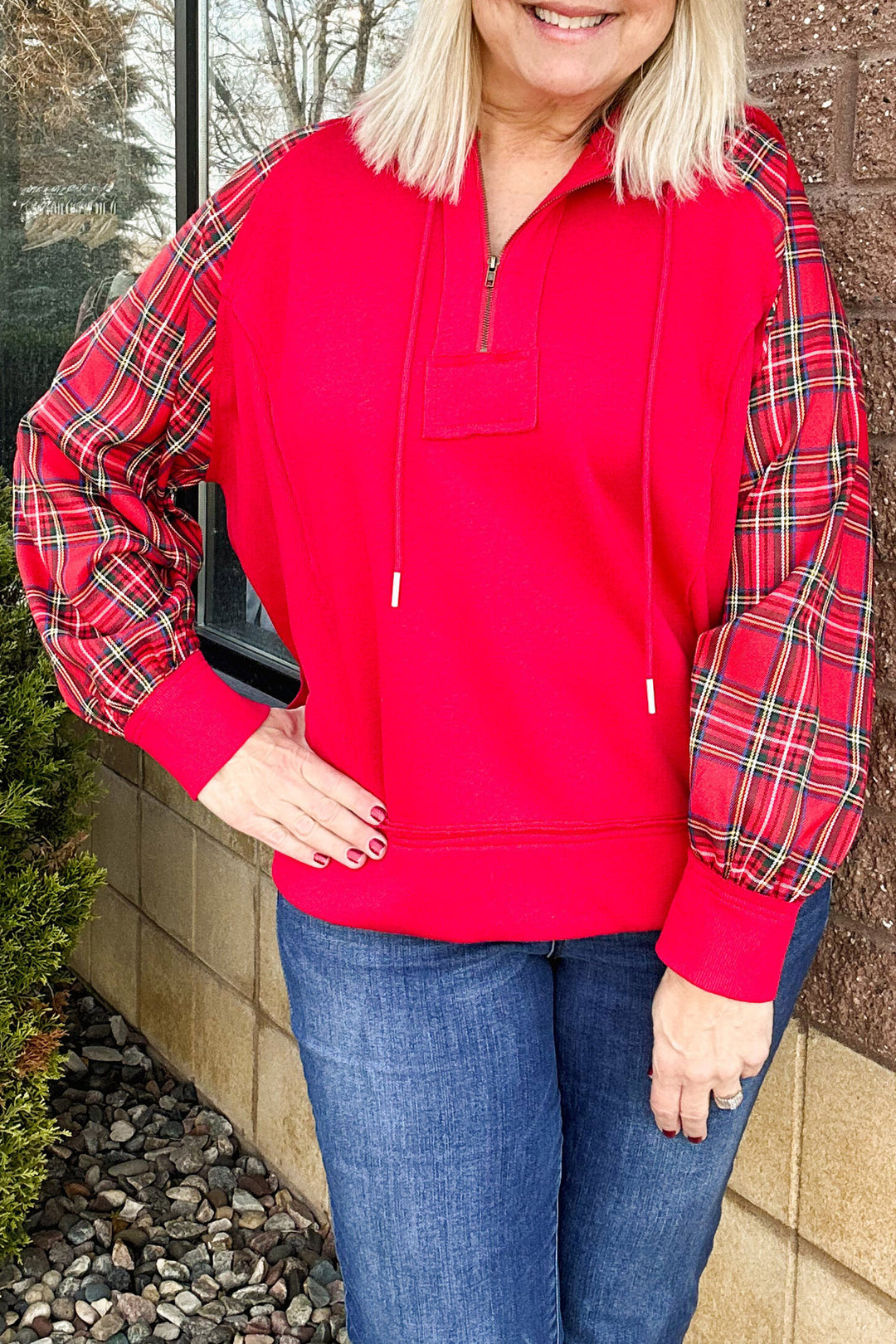 Fiery Red Plaid Sleeve Colorblock Zip-Up Shift Silhouette Ribbed Hem Plus Size Hoodie