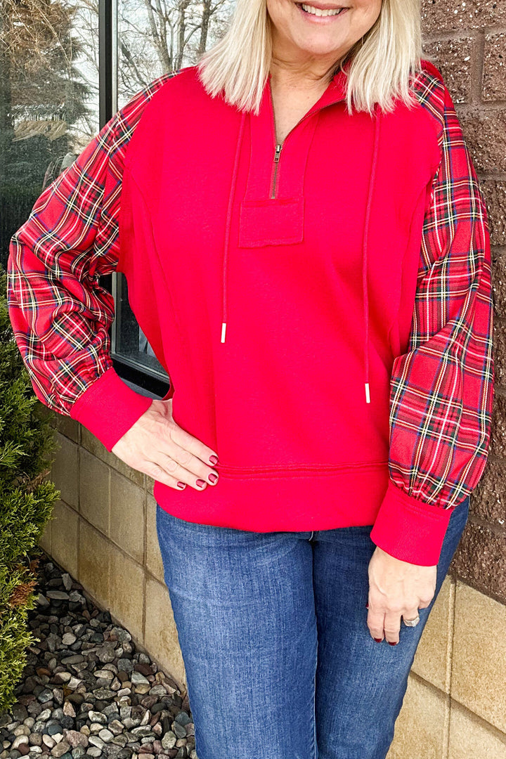 Fiery Red Plaid Sleeve Colorblock Zip-Up Shift Silhouette Ribbed Hem Plus Size Hoodie