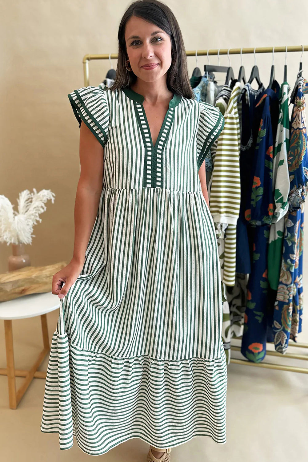Double Ruffled Short Sleeve Contrast Trim V Neck Midi Dress