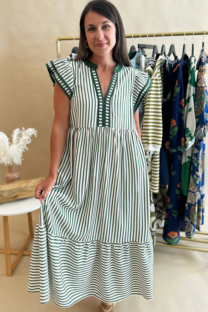 Double Ruffled Short Sleeve Contrast Trim V Neck Midi Dress